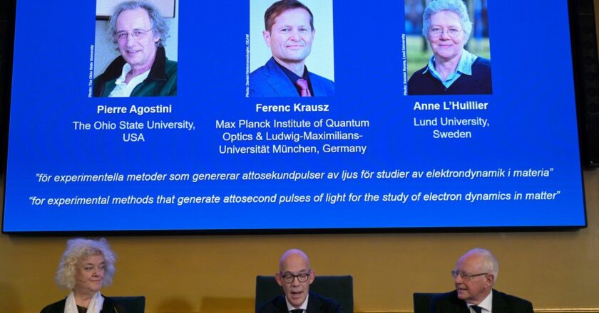 The Nobel Prize in physics was awarded to three scientists whose research demonstrates a way to create extremely short pulses of light that can provide information about processes inside atoms and molecules.