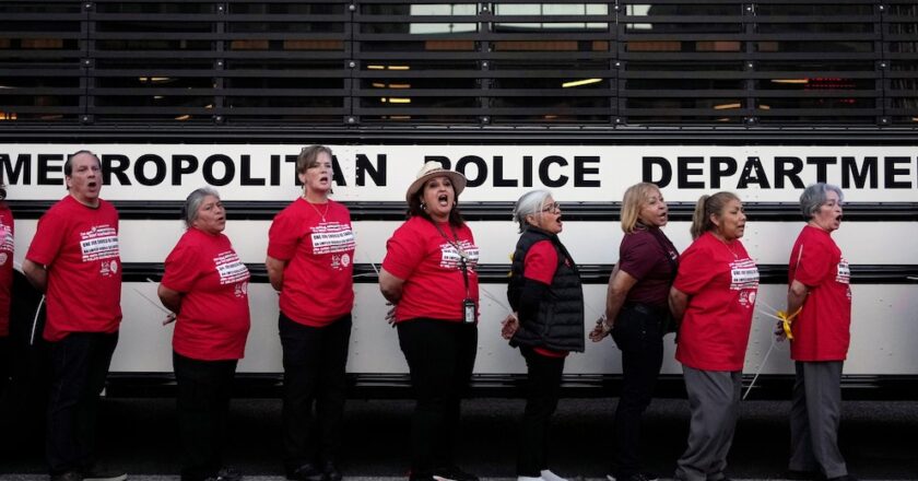 Dozens of union workers arrested on Las Vegas Strip for blocking traffic as thousands rally