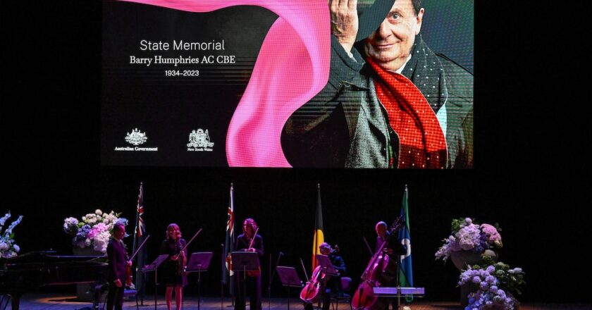 King Charles pays light-hearted tribute to comedian Barry Humphries at Sydney memorial service